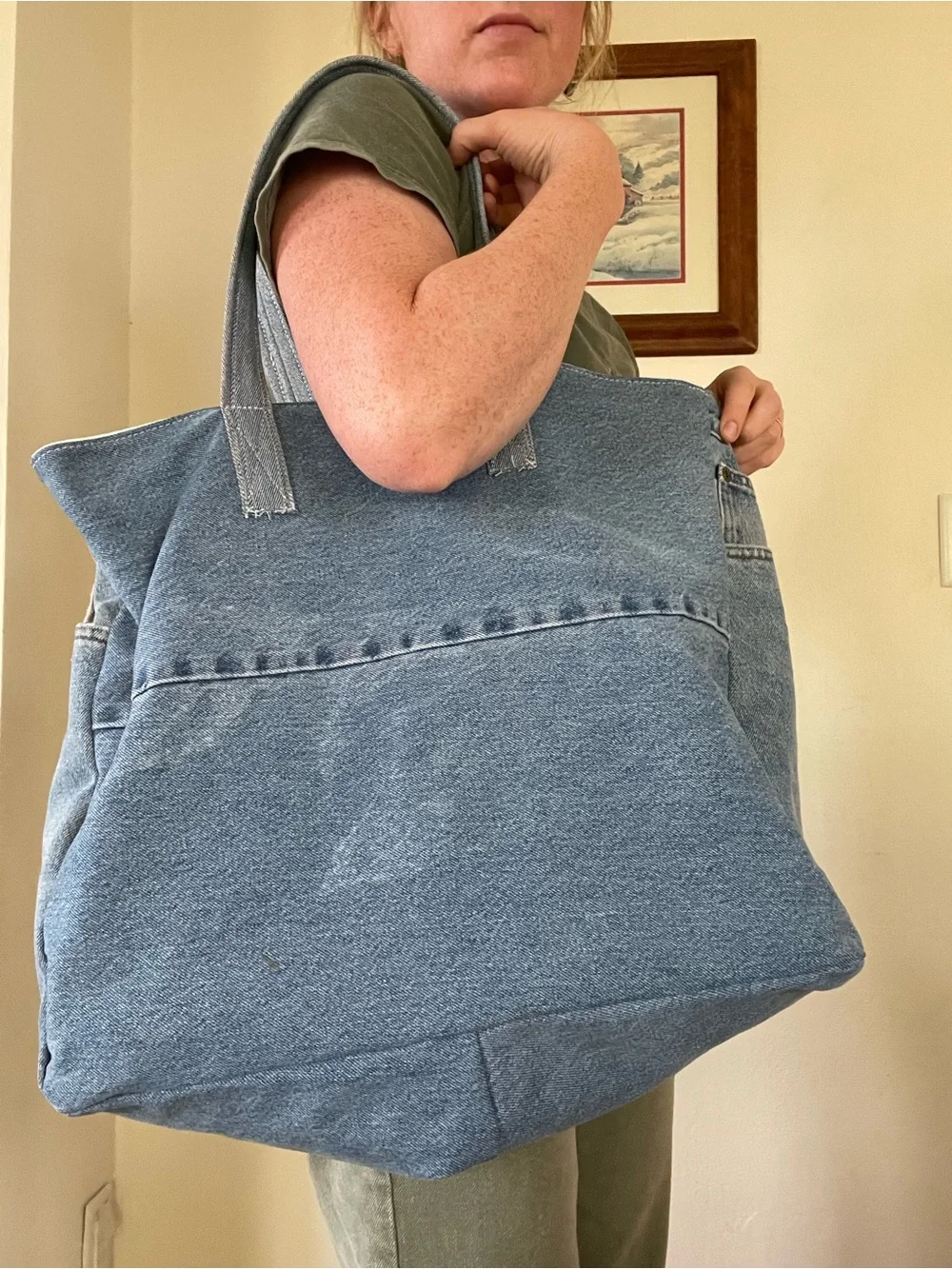Denim Tote Bag with Front Pocket Detail - Blue